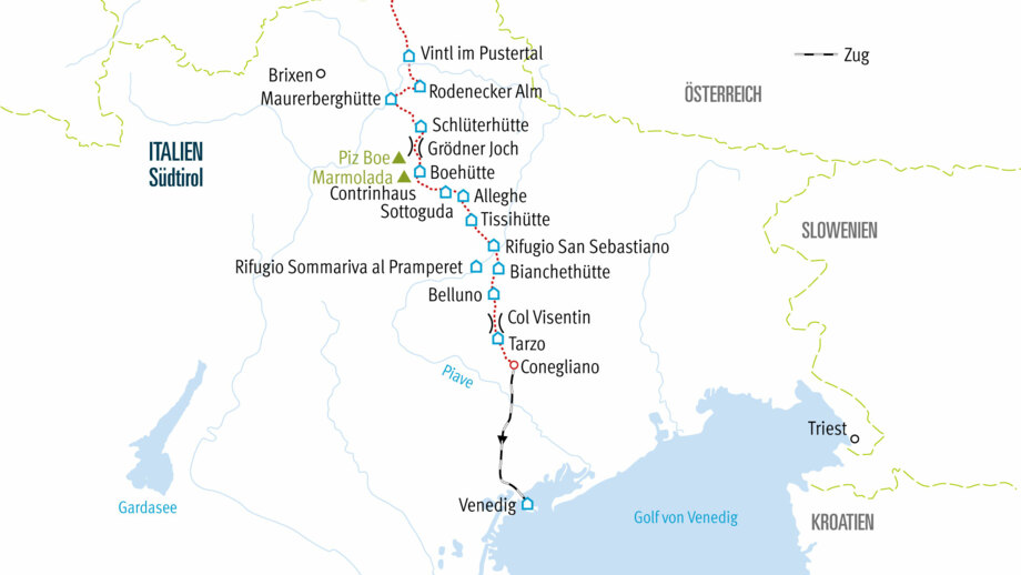 Karte Alpenüberquerung von München nach Venedig zweite Hälfte