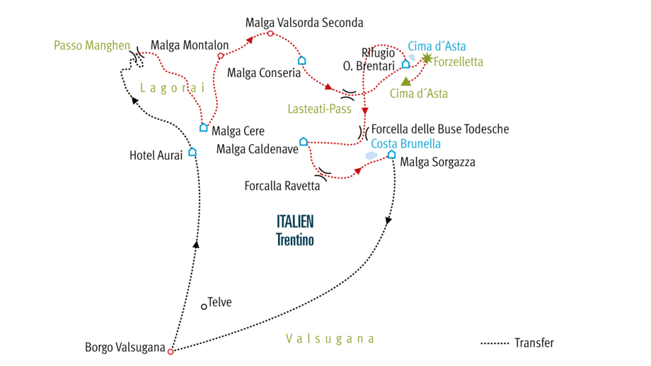 Karte Höhenweg zwischen Valsugana und Lagorai im Trentino