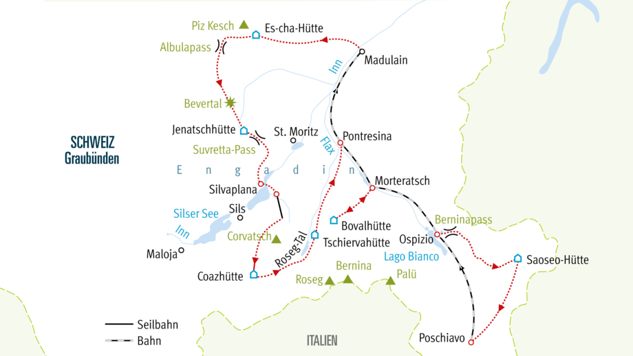 Karte HWBERNI Bernina-Trek Hüttenwanderung im Engadin