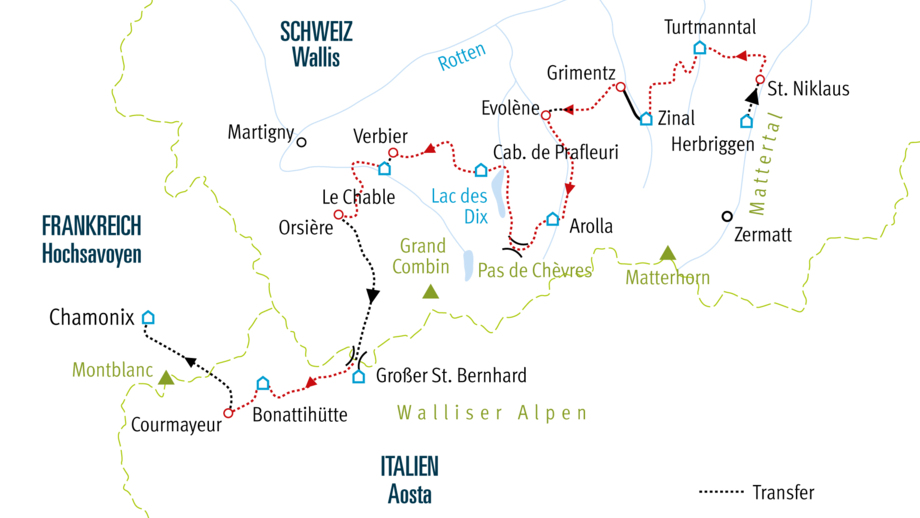 Karte der Haute Route im Sommer von Zermatt nach Chamonix