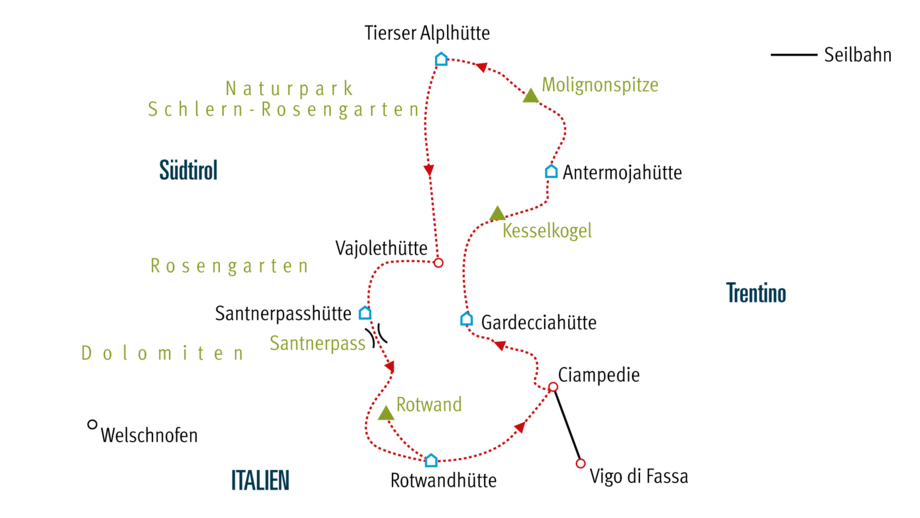 Karte KSROS Grandiose Klettersteig-Runde im Rosengarten in den Dolomiten