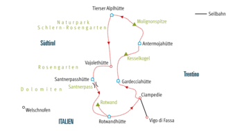 Karte KSROS Grandiose Klettersteig-Runde im Rosengarten in den Dolomiten