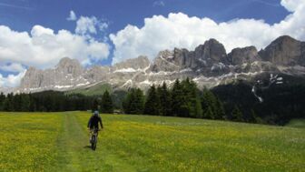 Ein Mountainbiker unterwegs auf der Tour fahrend über eine Wiese mit der Bergwelt der Dolomiten im Hintergrund.